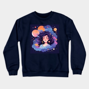 Woman with sweet dreams concept Young girl with galaxy and universe at hairs Crewneck Sweatshirt